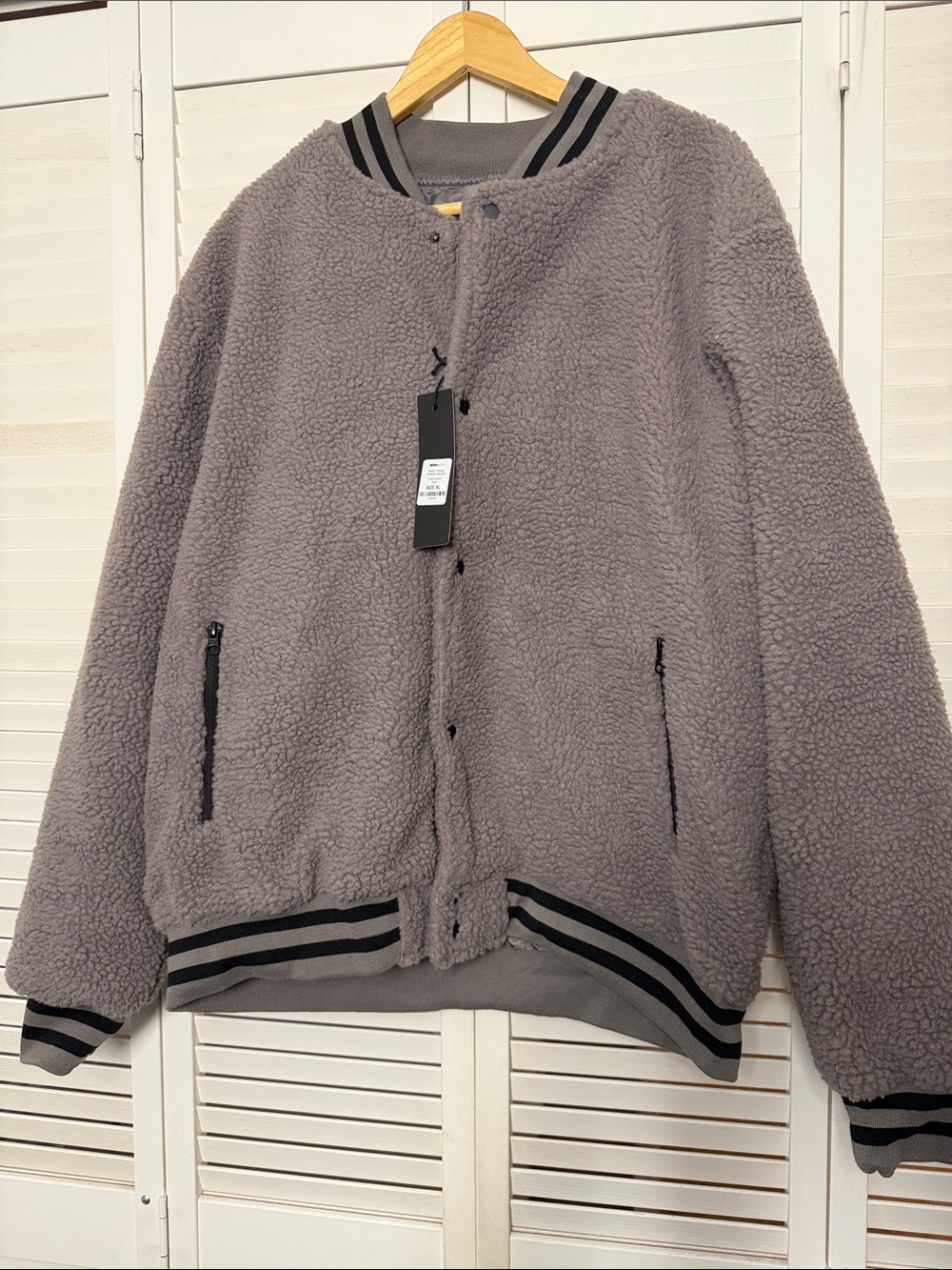Fashion Nova Gray Sherpa Bomber Jacket with Striped Trim